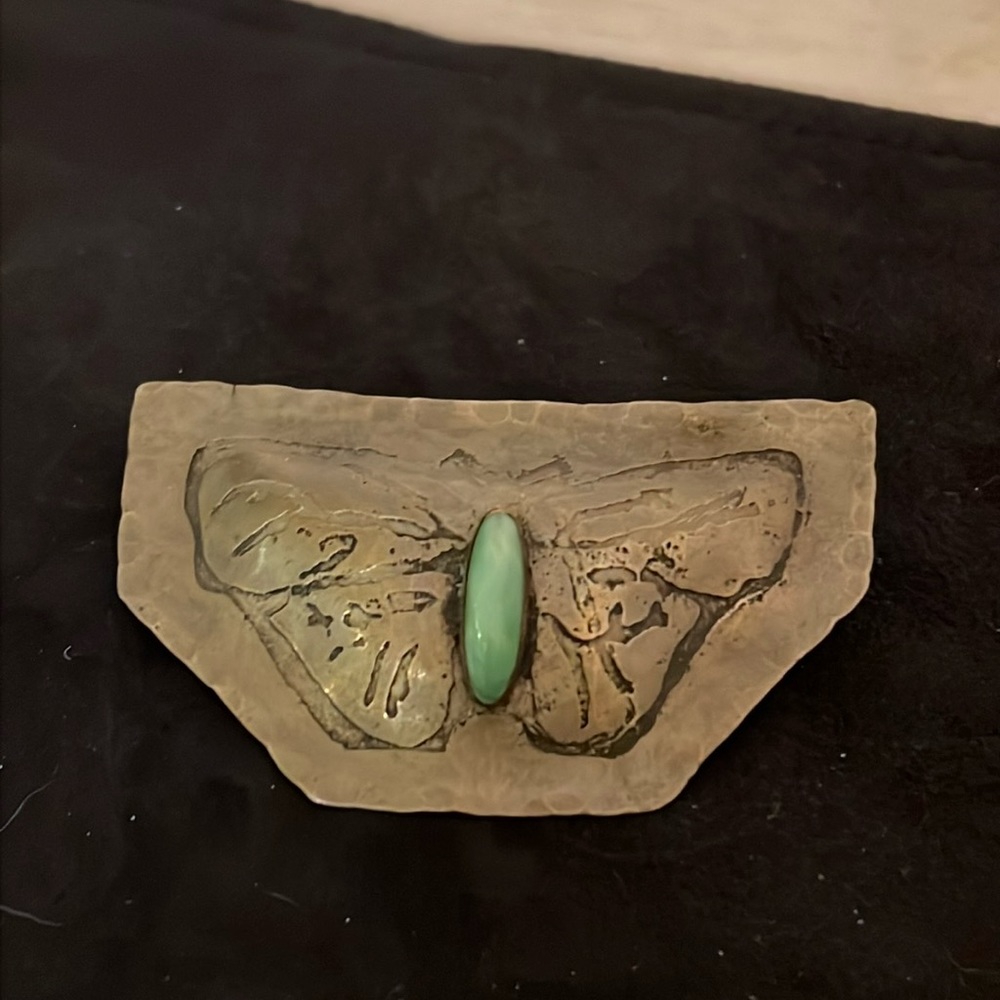 Hand made silver & green stone Native American butterfly brooch unmarked